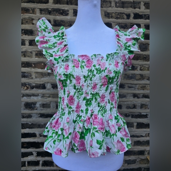 Hill House Tops - Hill House Floral Smocked Blouse - Pink and Green